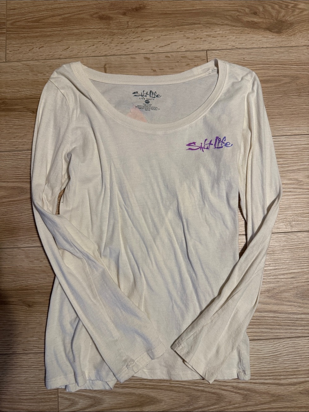 Salt Life Cream Long-Sleeve Scoop Neck Tee with Purple Logo